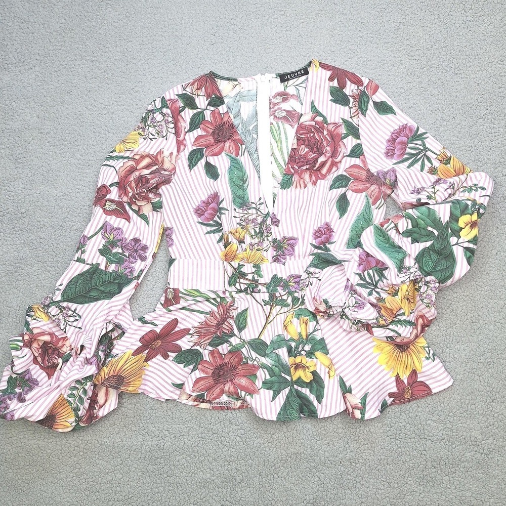 Jeuvre Blouse Womens Medium Pink‎ Floral Stripe Peplum Long Sleeve Ruffle Top